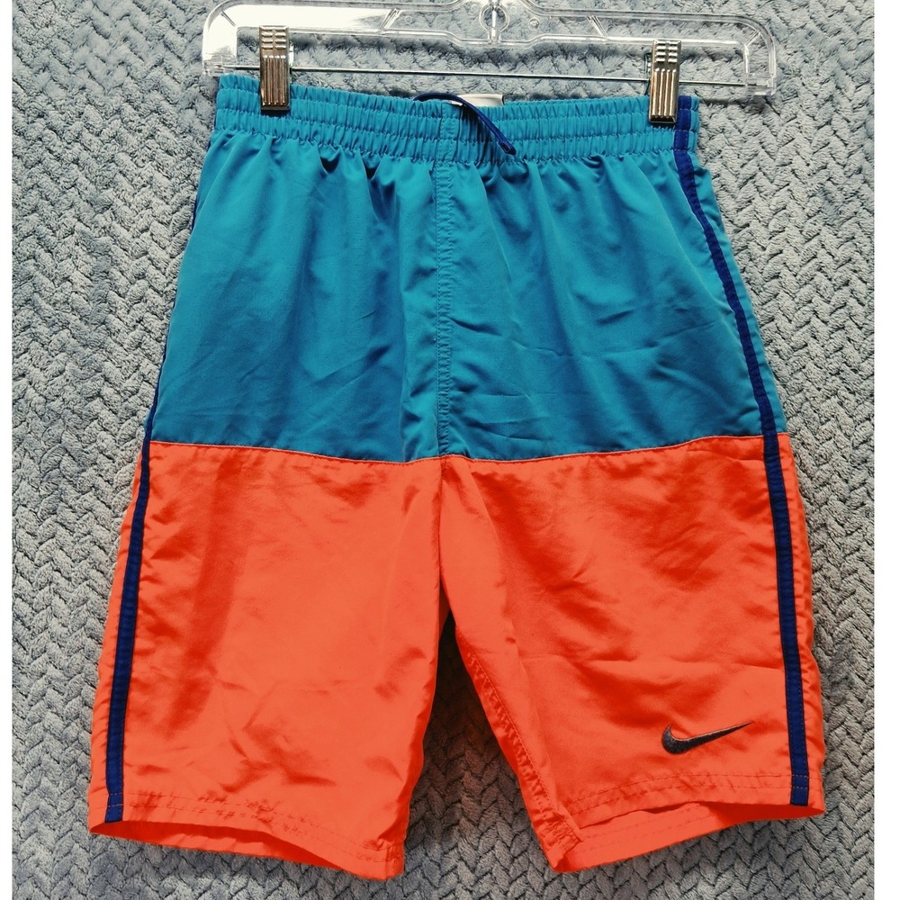 Nike Boys Swim Trunks Blue Orange Colorblock Mesh Lined Size L 147-158cm